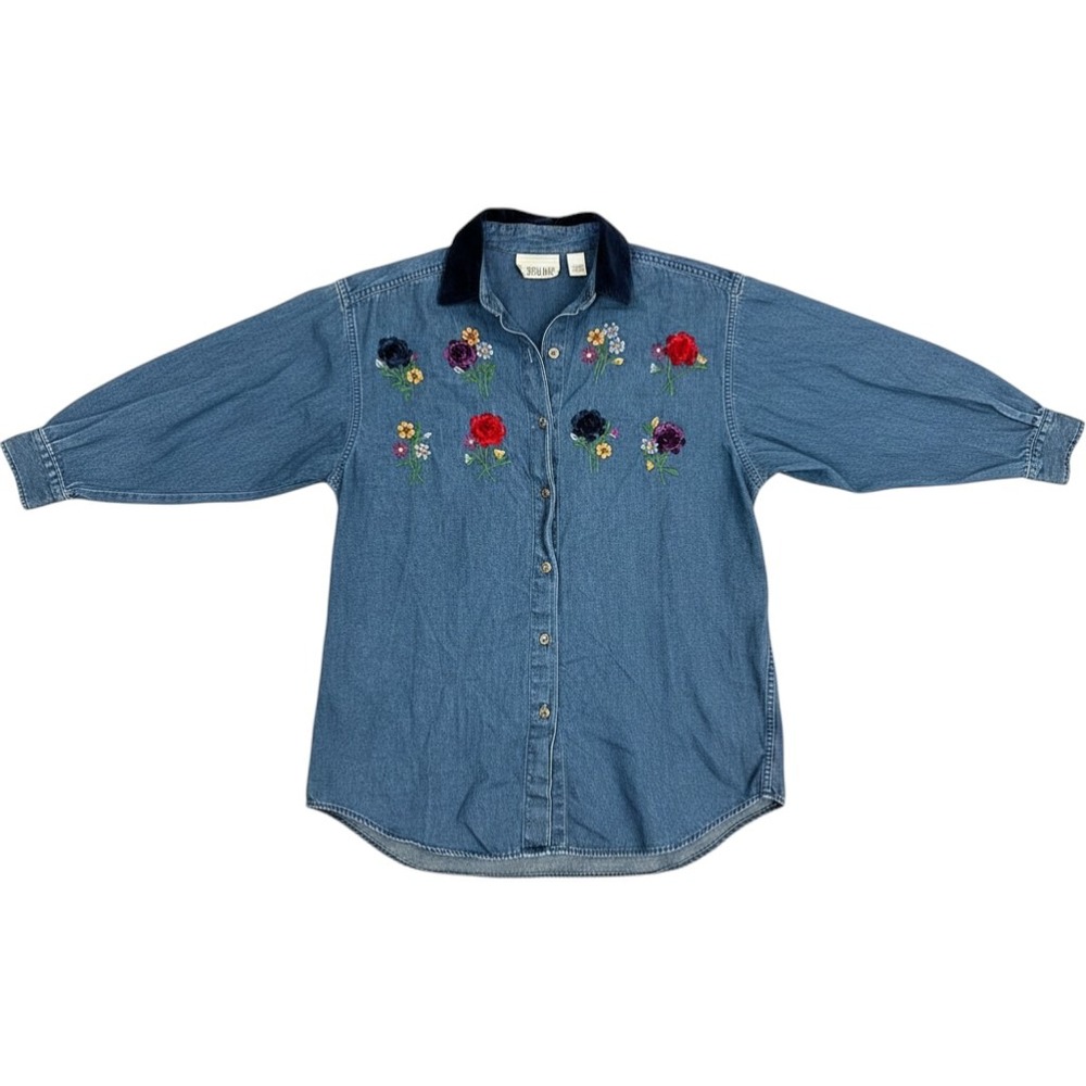 Casey & Max Denim Floral Embroidered Button Down Shirt Corduroy Collar Large